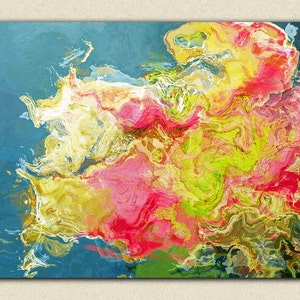 Abstract contemporary art stretched canvas print, 30x40 to 40x54 giclee in pink flambé and ultramarine green, from abstract painting "Aria"