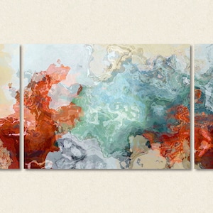 Large triptych abstract expressionism stretched canvas print, 30x60 to 40x78 in red and blue, from abstract painting "Simple Pleasures"