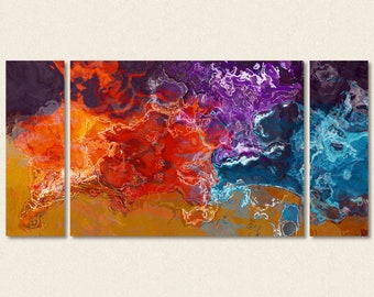 Large triptych abstract canvas print with gallery wrap, 30x60 to 40x78 in orange, purple and aqua, from abstract painting "Primary Colors"