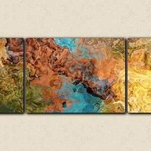 Very large triptych art stretched canvas print, 30x72 to 40x90, in earthy hues, from abstract painting Chocolate Persuasion image 1