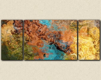 Very large triptych art stretched canvas print, 30x72 to 40x90, in earthy hues, from abstract painting "Chocolate Persuasion"