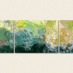 Oversized triptych abstract art 30x80 to 34x90 canvas print, giclee in blue, green and yellow, from abstract painting Sea Coast image 1