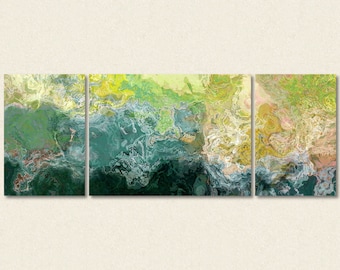 Oversized triptych abstract art 30x80 to 34x90 canvas print, giclee in blue, green and yellow, from abstract painting "Sea Coast"