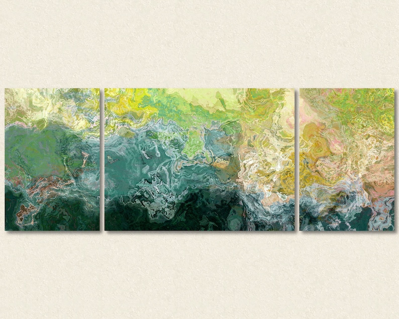 Oversized triptych abstract art 30x80 to 34x90 canvas print, giclee in blue, green and yellow, from abstract painting Sea Coast image 1