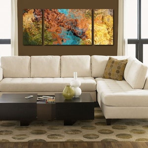 Very large triptych art stretched canvas print, 30x72 to 40x90, in earthy hues, from abstract painting Chocolate Persuasion image 3