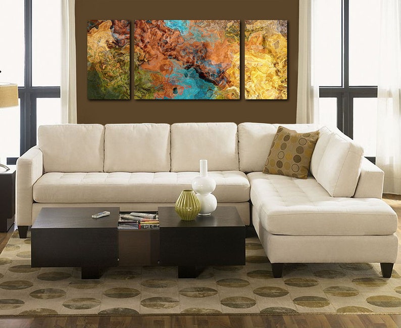 Very large triptych art stretched canvas print, 30x72 to 40x90, in earthy hues, from abstract painting Chocolate Persuasion image 3