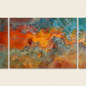 Large Triptych Abstract Art Canvas Print, 30x60 to 40x78 in Orange, Turquoise, Brown and Olive Green, from Original Painting Copper River