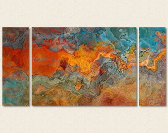 Large Triptych Abstract Art Canvas Print, 30x60 to 40x78 in Orange, Turquoise, Brown and Olive Green, from Original Painting Copper River