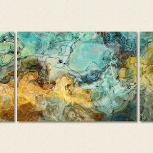 May include: Abstract triptych wall art with swirling patterns in shades of blue, green, and gold.