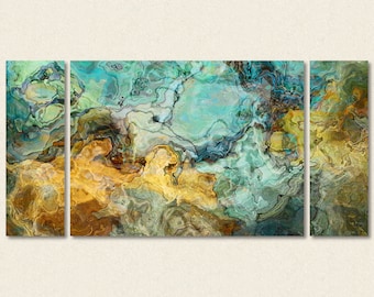 Large Triptych Abstract Art Canvas Print, 30x60 to 40x78 in Blue, Green and Brown, from Original Painting "Impulse"