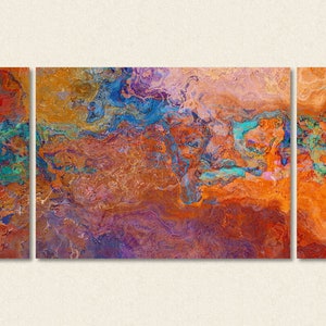 Oversize contemporary triptych, 30x60 to 40x78 canvas print in rust, copper and turquoise, from abstract painting "Southwest Archetype"