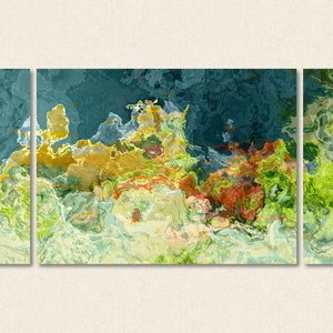 Abstract art triptych, 30x60 to 40x78 gallery wrap giclee canvas print, in teal and green, from abstract painting The Finer Things image 1