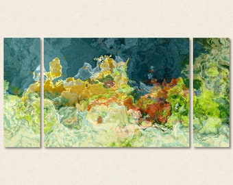 Abstract art triptych, 30x60 to 40x78 gallery wrap giclee canvas print, in teal and green, from abstract painting "The Finer Things"
