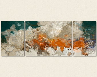 Extra Large triptych abstract art 30x80 to 34x90 canvas print, in blue green, beige and orange, from abstract painting "Le Hoogie Boogie"