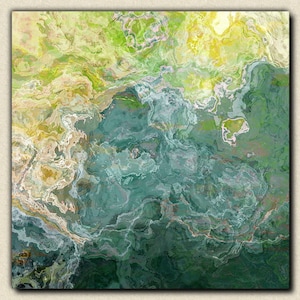 Contemporary art abstract giclee canvas print with gallery wrap, 24x24 to 36x36 in blue, green and aqua, from abstract painting "Sea Side"