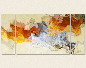 Abstract expressionism canvas print, 30x60 to 40x78 gallery wrap triptych in orange, red and white, from abstract painting "Arabesques"