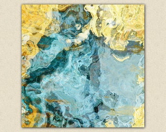 Contemporary art abstract giclee canvas print with gallery wrap, 24x24 to 36x36 in yellow and aqua, from abstract painting "Sea and Sand"