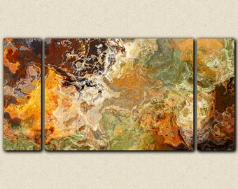 Oversize triptych abstract art stretched canvas print, 30x60 to 40x78, in orange and brown, from abstract painting "Didn't He Ramble"