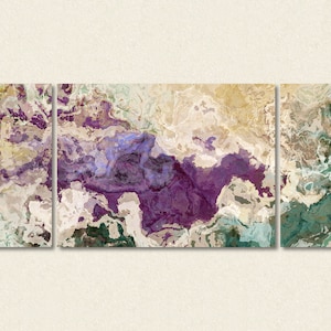 Extra large abstract art triptych, 30x72 to 40x90 giclee canvas print, in purple and teal, from abstract painting "Plum Creek"