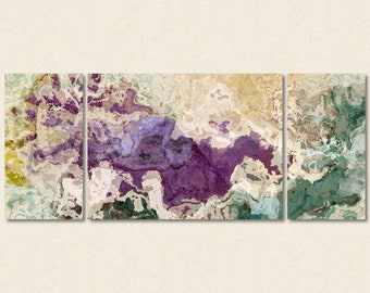 Extra large abstract art triptych, 30x72 to 40x90 giclee canvas print, in purple and teal, from abstract painting "Plum Creek"