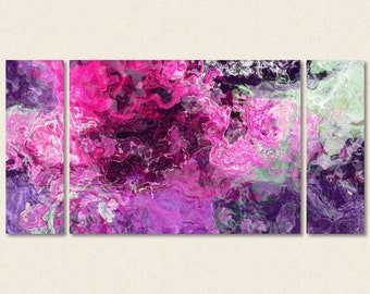 Large triptych abstract expressionism giclee canvas print, 30x60 to 40x78 in purple and hot pink, from abstract painting "Purple Phase"