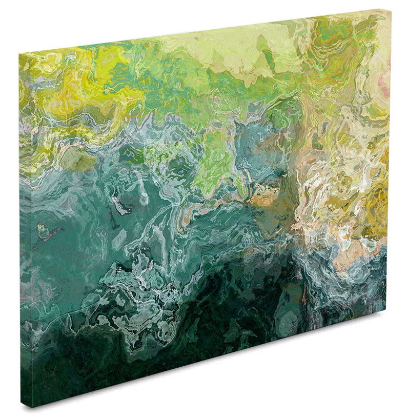 Oversized triptych abstract art 30x80 to 34x90 canvas print, giclee in blue, green and yellow, from abstract painting Sea Coast image 2