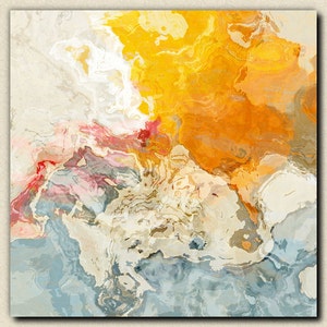 Abstract  art stretched canvas print, 30x30 to 36x36 in orange and white, from abstract painting "The Kiss"