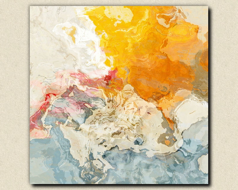 Abstract art stretched canvas print, 30x30 to 36x36 in orange and white, from abstract painting The Kiss image 1