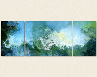 Oversized triptych abstract expressionism stretched canvas print, 30x80 to 34x90, giclee in blue, from abstract painting "Rising"