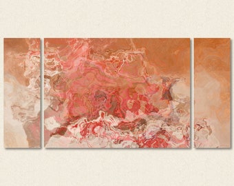 Oversize Triptych modern art stretched canvas print from abstract painting, 30x60 to 40x78 in peachy oranges and reds, "Peach Festival"