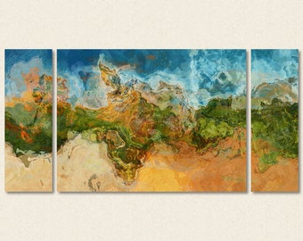 Large triptych abstract stretched canvas print, 30x60 to 40x78 giclee, in earth tones, from abstract painting "Arizona"