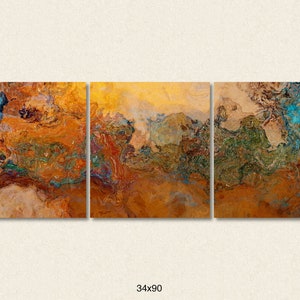 Extra Large triptych abstract art canvas print, 30x80 to 34x90, in orange, turquoise and copper, from abstract painting Canyon Sunset 34x90 inches