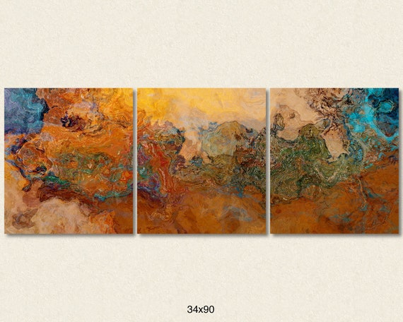 Extra Large Triptych Abstract Art Canvas Print, 30x80 to 34x90, in Orange, Turquoise and Copper, From Abstract Painting canyon Sunset - Etsy
