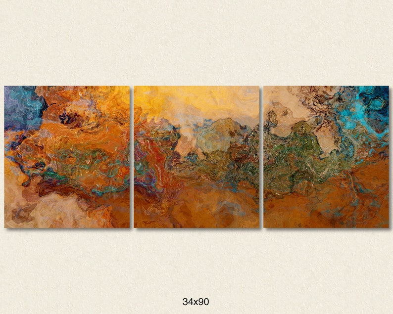 Extra Large triptych abstract art canvas print, 30x80 to 34x90, in orange, turquoise and copper, from abstract painting Canyon Sunset 34x90 inches