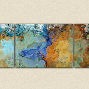 Very large abstract wall art canvas print, 30x72 to 40x90 triptych in earth tones and blues, from abstract painting &quot;Crossing the Bridge&quot;