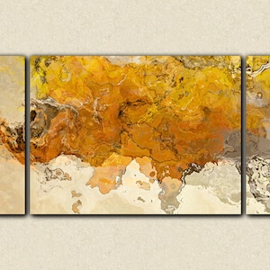 Large triptych abstract expressionism stretched canvas print, 30x60 to 40x78 in golden yellow, from abstract painting Early This Morning