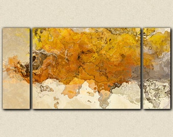 Large triptych abstract expressionism stretched canvas print, 30x60 to 40x78 in golden yellow, from abstract painting "Early This Morning"