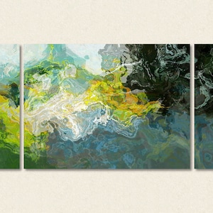 Abstract landscape canvas print, 30x60 to 40x78 triptych giclee in blue and green, from abstract painting "On the Road"