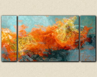 Abstract art, 30x60 to 40x78 sofa sized triptych gallery wrap canvas print, in orange and blue, from abstract painting "Electric Illusion"