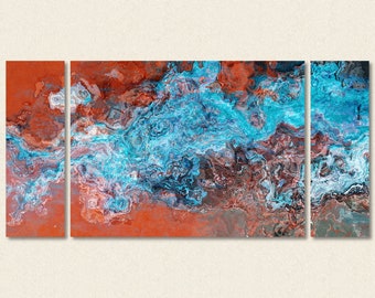 Large triptych abstract art stretched canvas print, 30x60 to 40x78 in turquoise and copper, from abstract painting "Southwest Spirit"