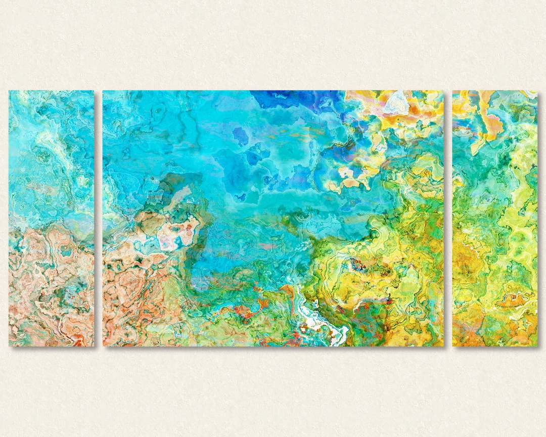 Large Abstract Triptych Canvas Print, Aqua, Yellow, Blue, Green ...
