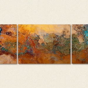 Extra Large triptych abstract art canvas print, 30x80 to 34x90, in orange, turquoise and copper, from abstract painting "Canyon Sunset"