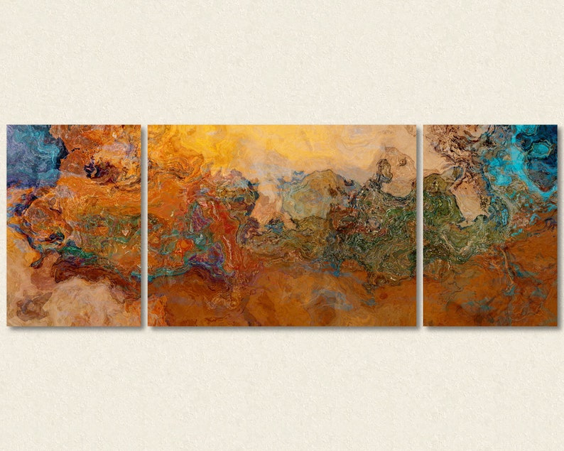 Extra Large triptych abstract art canvas print, 30x80 to 34x90, in orange, turquoise and copper, from abstract painting Canyon Sunset image 1