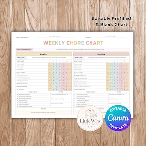 Two Kids Weekly Chore Chart Canva Template, Editable Family Chore Planner for Siblings, Prefilled + Blank Printable