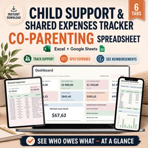 Peut inclure: Un tableur numérique de coparentalité pour Excel et Google Sheets, présenté sur un ordinateur portable, une tablette et un smartphone. L'interface affiche des outils de suivi des pensions alimentaires et des dépenses partagées avec des tableaux.