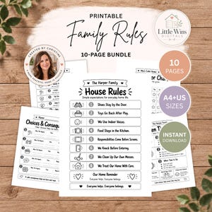 Paquete de reglas familiares, tabla de reglas de la casa, reglas sobre el tiempo frente a la pantalla, tabla de consecuencias, reglas y límites para niños, PDF tamaño carta A4