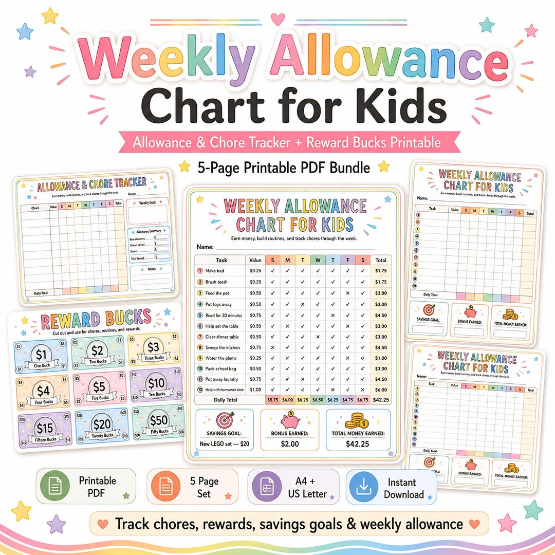 Weekly Allowance Chart for Kids, Allowance and Chore Tracker, Reward ...