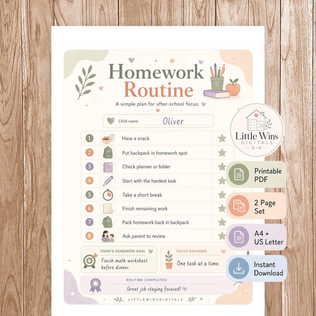 Homework Routine Chart Printable, Kids Homework Checklist, After School ...