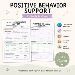 Könnte beinhalten: Ein zweiseitiges Vorlagenset zur positiven Verhaltensunterstützung mit einem ausgefüllten Beispiel und einer leeren Version. Die Dokumente enthalten Abschnitte für den Namen des Kindes, den Zeitraum, das Ziel, Reaktionspläne und Erinnerungen.