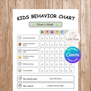 Puede incluir: Una tabla de comportamiento infantil blanca con texto negro, que presenta una cuadrícula semanal con iconos de estrellas para tareas como usar palabras amables, escuchar, mantener las manos seguras, rutina matutina, recoger juguetes y esforzarse.